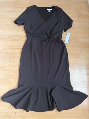 London Times Chocolate Brown Twist-Waist Midi Dress